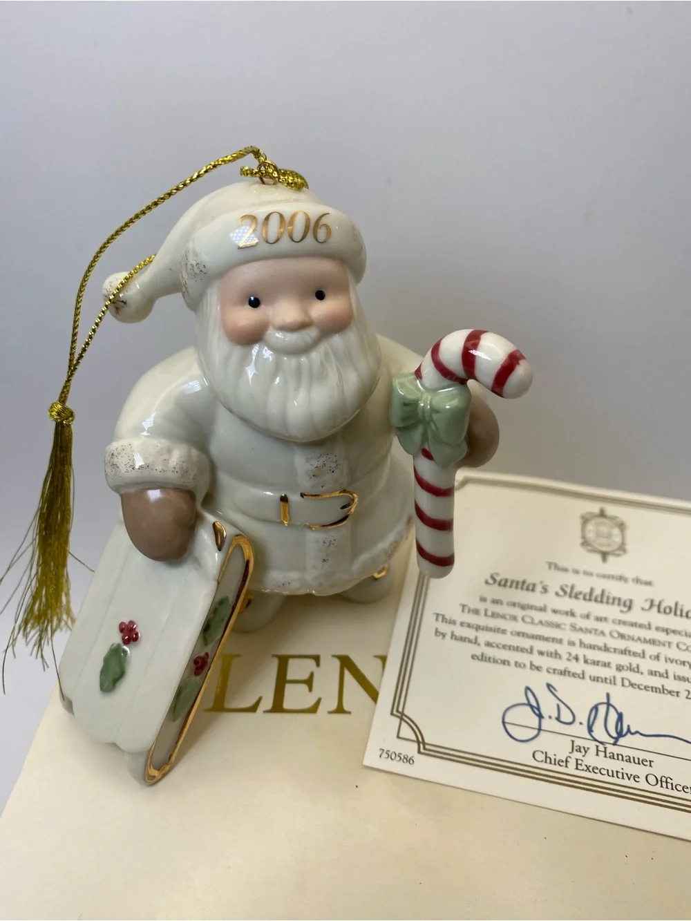 NEW Vintage Lenox 2006 White Santa Ornament with Candy Cane w box & COA